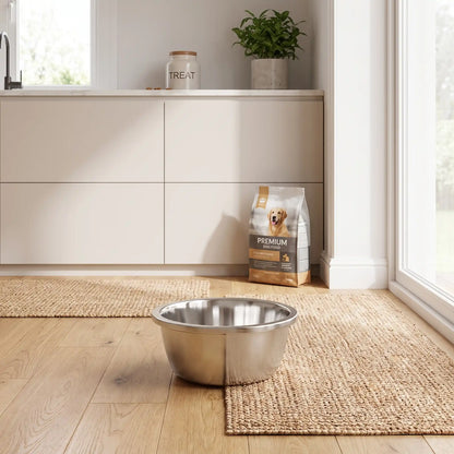 Gamelle-chien-chiot-inox 201 brillant, indéformable, surface lisse avec rebord, disponible en 4 tailles ⌀ 18/22/26/30cm , lavable au lave-vaisselle, lourde et stable, hygiénique, de qualité alimentaire, sans danger, et durable-gros plan sur la gamelle en inox posé sur le sol de la cuisine