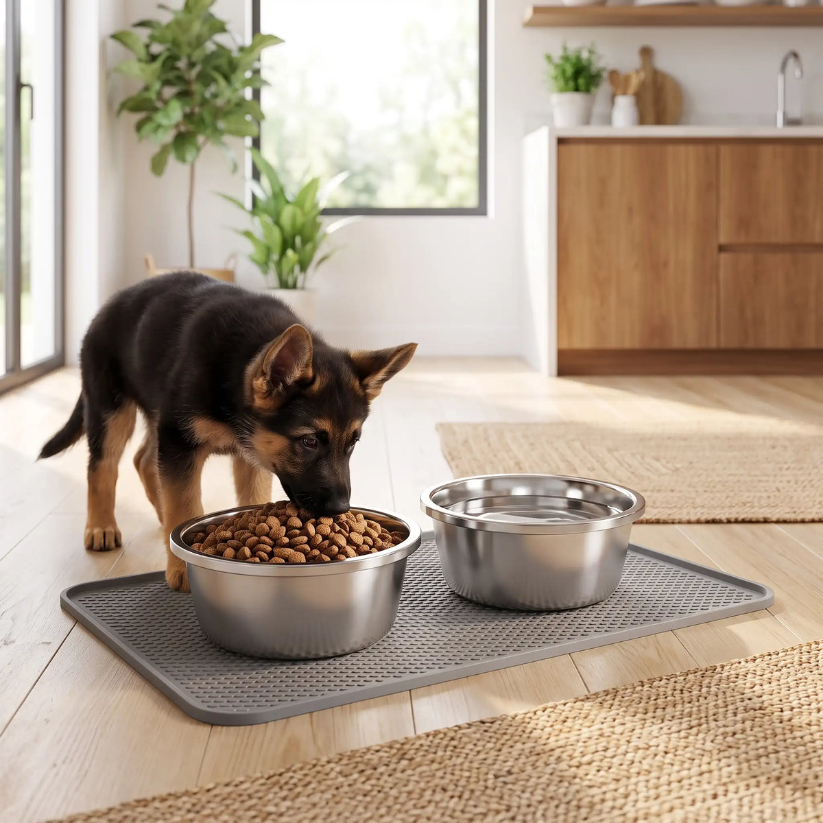 Gamelle-chien-chiot-inox 201 brillant, indéformable, surface lisse avec rebord, disponible en 4 tailles ⌀ 18/22/26/30cm , lavable au lave-vaisselle, lourde et stable, hygiénique, de qualité alimentaire, sans danger, et durable-un chiot de grande race qui mange dans sa gamelle en inox posé sur son tapis pour gamelle gris à côté de sa gamelle d'eau sur le sol en parquet du salon