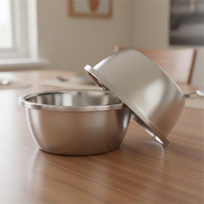 Gamelle-chien-chiot-inox 201 brillant, indéformable, surface lisse avec rebord, disponible en 4 tailles ⌀ 18/22/26/30cm , lavable au lave-vaisselle, lourde et stable, hygiénique, de qualité alimentaire, sans danger, et durable-gros plan sur les gamelles inox solide avec le rebord, antidérapant sur la table de la cuisine