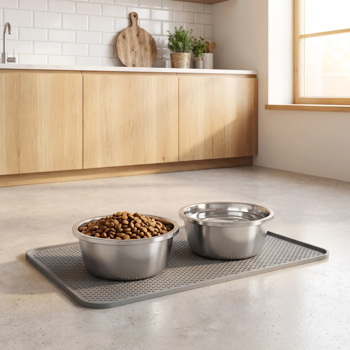 Gamelle-chien-chiot-inox 201 brillant, indéformable, surface lisse avec rebord, disponible en 4 tailles ⌀ 18/22/26/30cm , lavable au lave-vaisselle, lourde et stable, hygiénique, de qualité alimentaire, sans danger, et durable-gros plan sur deux gamelles en inox , une remplie par des croquettes, et une gamelle remplie d'eau sur le tapis pour gamelle sur le sol de la cuisine de l'appartement