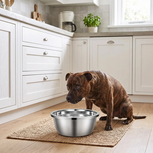 Gamelle-chien-chiot-inox 201 brillant, indéformable, surface lisse avec rebord, disponible en 4 tailles ⌀ 18/22/26/30cm , lavable au lave-vaisselle, lourde et stable, hygiénique, de qualité alimentaire, sans danger, et durable-un chien de race moyenne qui bois dans sa grande gamelle en inox posé sur le sol de la cuisine de la maison