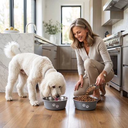 Gamelle-chien-chiot-lot-de-2-inox durable et robuste, design bleu ou gris avec pattes de chiens blanches , lavable en lave -vaisselle avec fond 360° en caoutchouc antidérapant et anti renversement, anti-rayures au sol, disponible en 4 tailles : 400/800 ml ou 1,5/2 litres pour chiot et chien de petite, moyenne et grande race- un chien frisé de grande race qui boit dans sa gamelle inox grise à côté de l'autre gamelle grise remplie par sa maitresse souriante de croquettes apaitissante sur le sol de la cuisine 