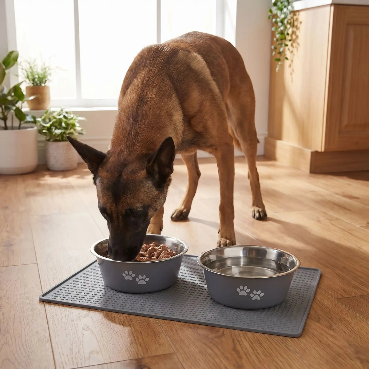 Gamelle-chien-chiot-lot-de-2-inox durable et robuste, design bleu ou gris avec pattes de chiens blanches , lavable en lave -vaisselle avec fond 360° en caoutchouc antidérapant et anti renversement, anti-rayures au sol, disponible en 4 tailles : 400/800 ml ou 1,5/2 litres pour chiot et chien de petite, moyenne et grande race- un chien de race moyenne qui mange dans sa gamelle inox grise remplie de croquette à côté de l'autre gamelle grise remplie d'eau fraiche sur le sol en parquet flottant du salon 