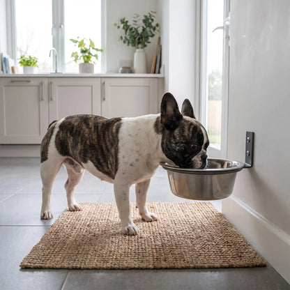 Gamelle-chien-hauteur-chiot-murale-avec support en forme d'anneau  en acier robuste à fixer sur toute surfaces lisses, rabattable pour un gain de place et gamelle en inox lavable au lave vaisselle, disponible en 2 tailles de diamètre 17 cm et 21 cm pour chien et chiot de petite à moyenne race, contenance 500 à 700 ml et de 1,5 litres pour la grande taille-un petit chien qui mange confortablement, sa posture alignée; dans sa gamelle en inox surélevé dans son arceau en acier robuste vissé au mur de la cuisine