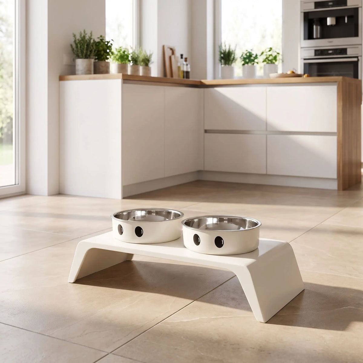 Gamelle-chien-surélevée-chiot-design de couleur blanc épuré de 8,5 cm de hauteur avec ses deux gamelles en inox amovibles lavable en lave-vaisselle avec pieds antidérapants, adapté aux chiots et chiens de petite race ou petite taille- gros plan sur la station d'alimentation avec son support design moderne blanc et ses deux gamelles en inox sur le support blanc en ABS aux formes épurés  et moderne sur le sol de la cuisine lifestyle de la maison
