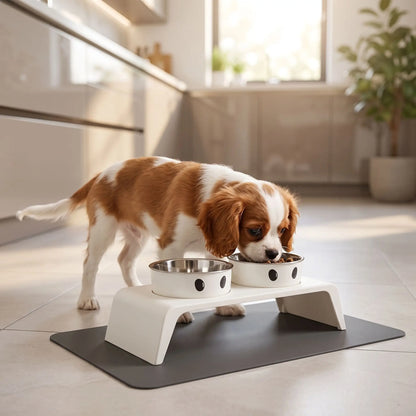 Gamelle-chien-surélevée-chiot-design de couleur blanc épuré de 8,5 cm de hauteur avec ses deux gamelles en inox amovibles lavable en lave-vaisselle avec pieds antidérapants, adapté aux chiots et chiens de petite race ou petite taille- un chiot de race moyenne qui mange confortablement et dans la bonne posture dans sa gamelle surélevée sur son support design moderne blanc avec sa gamelle d'eau intégré sur le sol de la cuisine de l'appartement