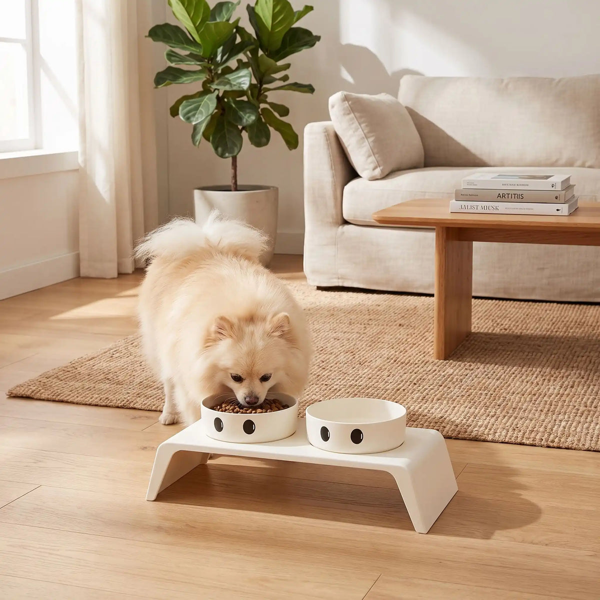 Gamelle-chien-surélevée-chiot-design de couelur blanc épuré de 8,5 cm de hauteur avec ses deux gamelles en inox amovibles lavable en lave-vaisselle avec pieds antidérapants, adapté aux chiots et chiens de petite race ou petite taille- un petit chien qui mange confortablement et dans la bonne posture dans sa gamelle surélevée sur son support design moderne blanc avec sa gamelle d'eau intégré sur le sol du salon de l'appartement
