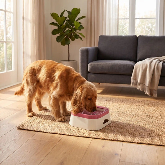 Gamelle-d-eau-pour-chien et chiot anti-éclaboussures et anti bave, en ABS robuste de qualité alimentaire, sans BPA, démontable en 3 parties: contenant carré avec plateau folttant qui distribue l'eau et la garde propre et son socle supérieur qui assure la sécurité de l'ensemble et ses pieds antidérapant, capacité de 1 litre pour chiot et chien de petite à moyenne race-un chien de moyenne taille qui boit proprement et confortablement dans sa gamelle d'eau anti renversement sur le tapis du salon qui reste sec