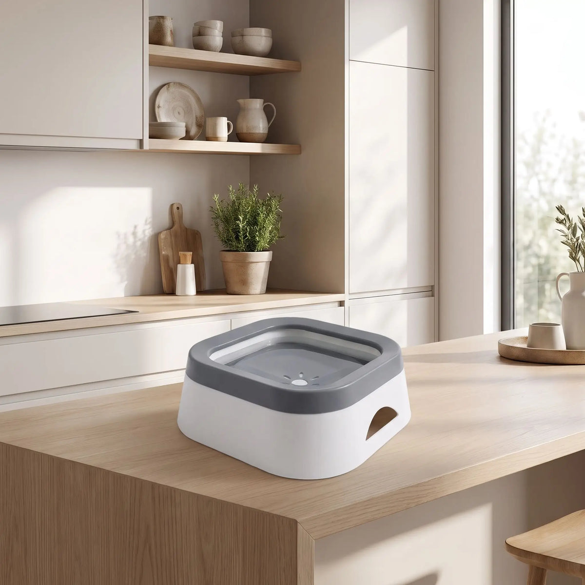 Gamelle-d-eau-pour-chien et chiot anti-éclaboussures et anti bave, en ABS robuste de qualité alimentaire, sans BPA, démontable en 3 parties: contenant carré avec plateau flottant qui distribue l'eau et la garde propre et son socle supérieur qui assure la sécurité de l'ensemble et ses pieds antidérapant, capacité de 1 litre pour chiot et chien de petite à moyenne race-gros plan sur la gamelle d'eau anti renversement de couleur blanche et grise sur le meuble de la cuisine de l'appartement