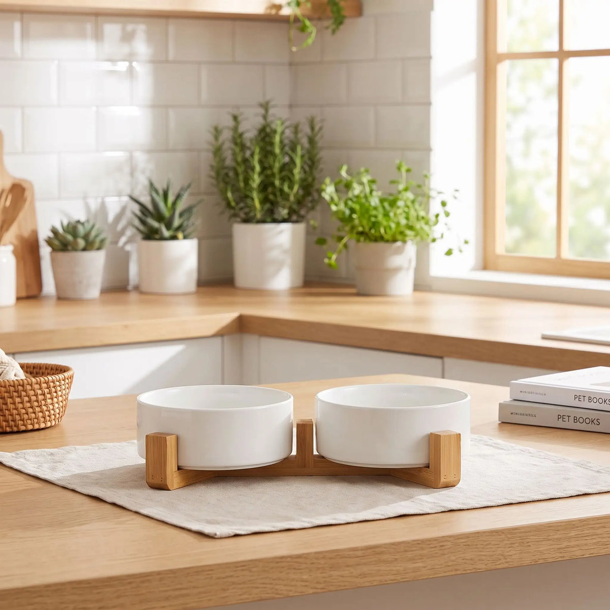 Gamelle-céramique-pour-chien et chiot double-compatible-lave-vaisselle avec son support anti renversement en bambou naturel, 2 gamelles d'une contenance de 350ml chacune soit 700ml au total pour chiot et chien de petite taille de 0 à 6 kilos, disponible en 3 coloris : jaune, vert et blanc, garanti sans produits toxiques ou chimiques et de qualité alimentaire, robuste et design- gros plan sur la gamelle double en céramique pour nourriture et eau de couleur blanches sur son support en bambou naturel design