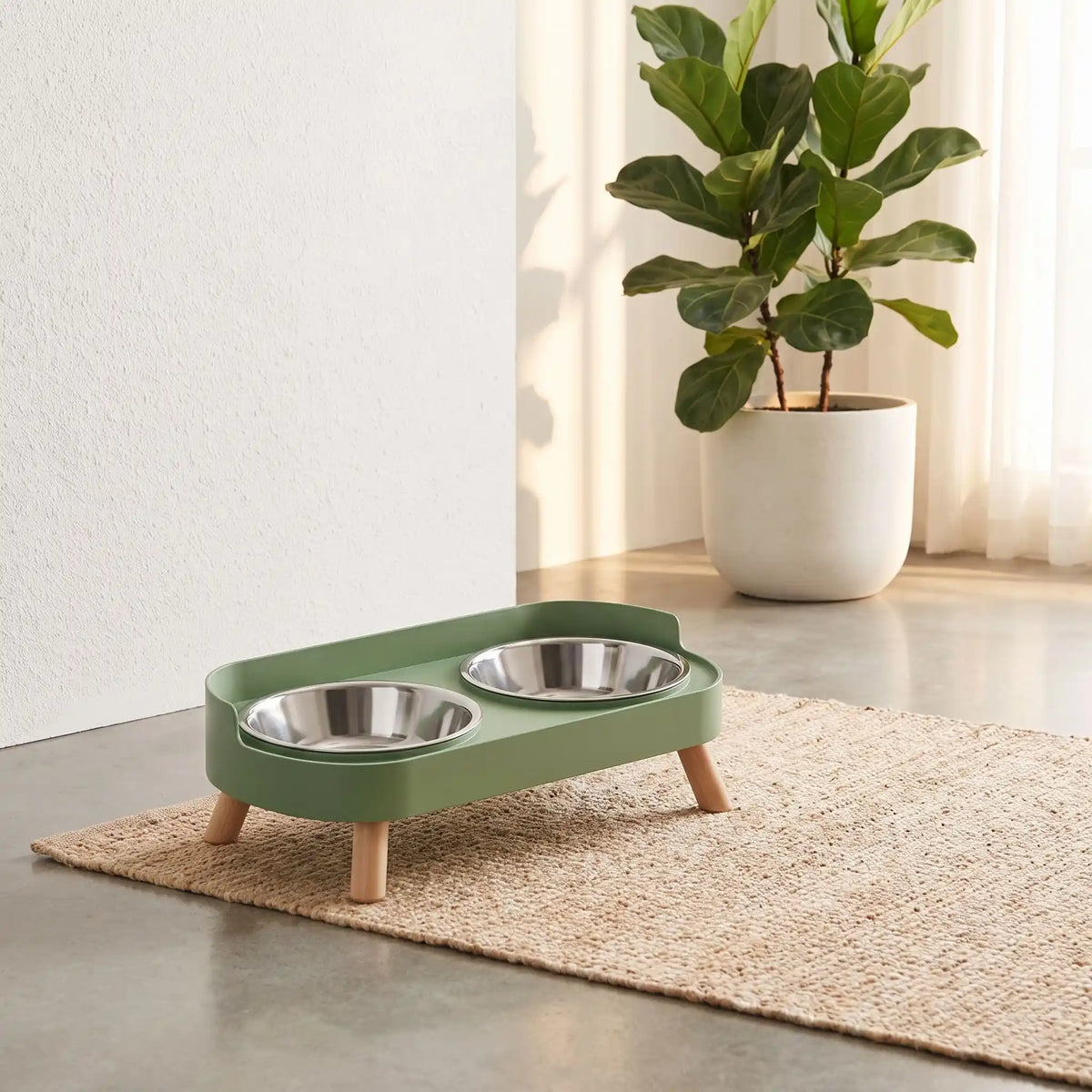 Gamelle-double-pour-chien-chiot-surélevé sur 4 pieds amovibles et support ABS avec rebord anti-éclabloussures et ses deux gamelles en Inox d'une capacité de 400 ml chacune lavable en lave-vaisselle en 4 couleurs: rose, jaune, blanc crème et vert pour chiot et chien- gros plan sur la double gamelle dans le support surélevé de couleur vert sur 4 pieds amovibles dans le salon de la maison