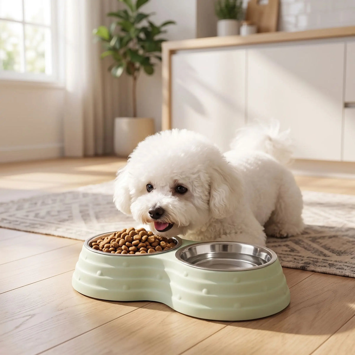 Gamelle-double-pour-chien et chiot amovible en inox , compatible au lave-vaisselle avec support en résine, design en 8 robuste, avec pieds antidérapants,anti-renversement disponible en 3 tailles pour chien de petite à moyenne race 200ml/500ml/700ml par bol et 3 coloris bleu, rose et vert-Un petit chien qui mange ses croquettes dans sa gamelle double avec sa gamelle d'eau intégré dans un support en résine rose surélevées et ses pieds antidérapants et anti-rayures sur le sol en parquet de la cuisine