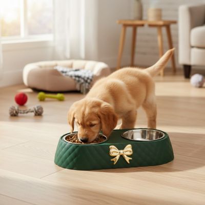 Gamelle-double-pour-chien-petit-avec-support-design noeud doré avec 2 gamelles inox amovibles et lavable en lave-vaisselle, support surélevé en ABS avec pieds antidérapant et anti-renversement, disponible en 3 coloris : marron, vert olive et blanc et chiot de petite race et petite taille avec pour chaque gamelle une contenance de 250 ml chacune-un chiot qui mange confortablement dans sa gamelle double avec croquette et eau dans le support stable anti glissement sur le sol du salon de l'appartement