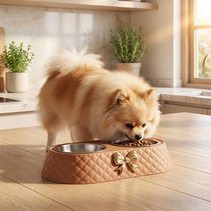 Gamelle-double-pour-chien-petit-avec-support-design noeud doré avec 2 gamelles inox amovibles et lavable en lave-vaisselle, support surélevé en ABS avec pieds antidérapant et anti-renversement, disponible en 3 coloris : marron, vert olive et blanc et chiot de petite race et petite taille avec pour chaque gamelle une contenance 250 ml chacune-un chien de petite race qui mange confortablement dans sa gamelle double avec croquette et eau dans le support stable anti glissement sur le sol du salon de la maison