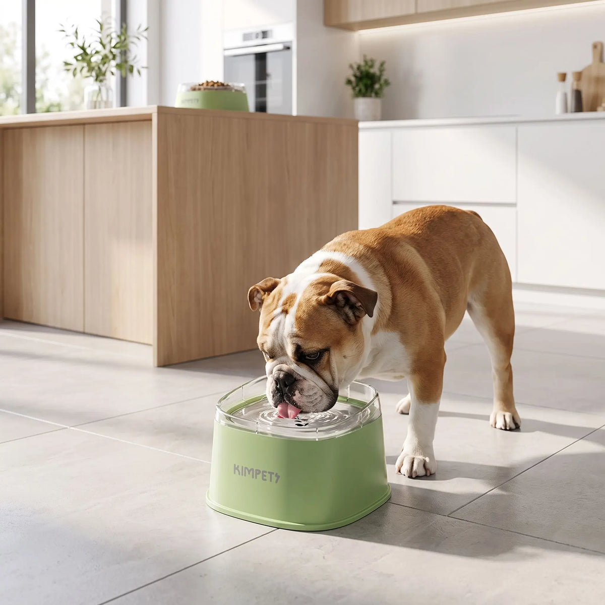 Gamelle-eau-chien-anti-eclaboussure-chiot-anti-bave avec base flottante et rebord surélevé anti projection, en plastique PP robuste de qualité alimentaire sans BPA, lavable en lave-vaisselle, démontable en 3 parties, garde l'eau propre et hygiénique et les babines de chien et les sols de la maison secs, grande capacité de 2 litres en 3 couleurs : blanc, vert et noir-un chien à grosses babines qui boit proprement et sans salir le sol de la cuisine; dans sa gamelle d'eau anti éclaboussure de couleur vert 