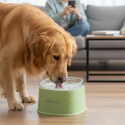 Gamelle-eau-chien-anti-eclaboussure-chiot-anti-bave avec base flottante et rebord surélevé anti projection, en plastique PP robuste de qualité alimentaire sans BPA, lavable en lave-vaisselle, démontable en 3 parties, garde l'eau propre et hygiénique et les babines de chien et les sols de la maison secs, grande capacité de 2 litres en 3 couleurs : blanc, vert et noir-un grand chien qui boit proprement et doucement et sans salir le sol du salon; dans sa gamelle d'eau anti éclaboussure de couleur verte