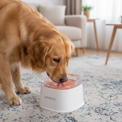 Gamelle-eau-chien-anti-eclaboussure-chiot-anti-bave avec base flottante et rebord surélevé anti projection, en plastique PP robuste de qualité alimentaire sans BPA, lavable en lave-vaisselle, démontable en 3 parties, garde l'eau propre et hygiénique et les babines de chien et les sols de la maison secs, grande capacité de 2 litres en 3 couleurs : blanc, vert et noir-un chien de taille moyenne qui boit proprement et sans salir le sol du salon; dans sa gamelle d'eau anti éclaboussure de couleur blanche