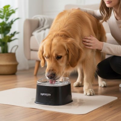 Gamelle-eau-chien-anti-eclaboussure-chiot-anti-bave avec base flottante et rebord surélevé anti projection, en plastique PP robuste de qualité alimentaire sans BPA, lavable en lave-vaisselle, démontable en 3 parties, garde l'eau propre et hygiénique et les babines de chien et les sols de la maison secs, grande capacité de 2 litres en 3 couleurs : blanc, vert et noir-un chien de race moyenne qui boit proprement et sans salir le sol du salon; dans sa gamelle d'eau anti éclaboussure de couleur noir