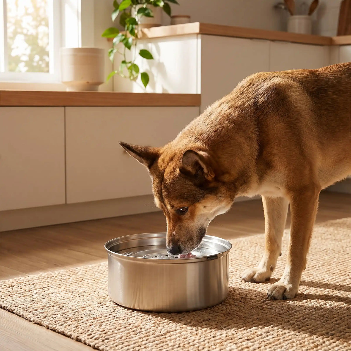 Gamelle-eau-chien-chiot anti-renversement, anti-éclaboussure en inox 304 de qualité alimentaire avec pieds antidérapants avec son plateau filtre anitbactéries, poussières, et poils, le tout 100% inox lavable au lave vaisselle, disponible en deux modèles : 1 litre et 3 litres pour chien de petite à grande taille-un chien race moyenne qui boit proprement l'eau fraiche et hygiénique de la gamelle 100% inox anti odeur et bactéries avec ses pieds anti-rayures sur le tapis de la cuisine de la maison