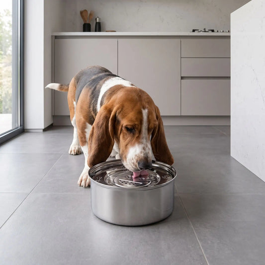 Gamelle-eau-chien-chiot anti-renversement, anti-éclaboussure en inox 304 de qualité alimentaire avec pieds antidérapants avec son plateau filtre anitbactéries, poussières, et poils, le tout 100% inox lavable au lave vaisselle, disponible en deux modèles : 1 litre et 3 litres pour chien de petite à grande taille-un chien race moyenne à longues oreilles qui boit proprement l'eau fraiche et hygiénique de la gamelle 100% inox anti odeur et bactéries avec ses pieds anti-rayures sur le sol en carrelage 