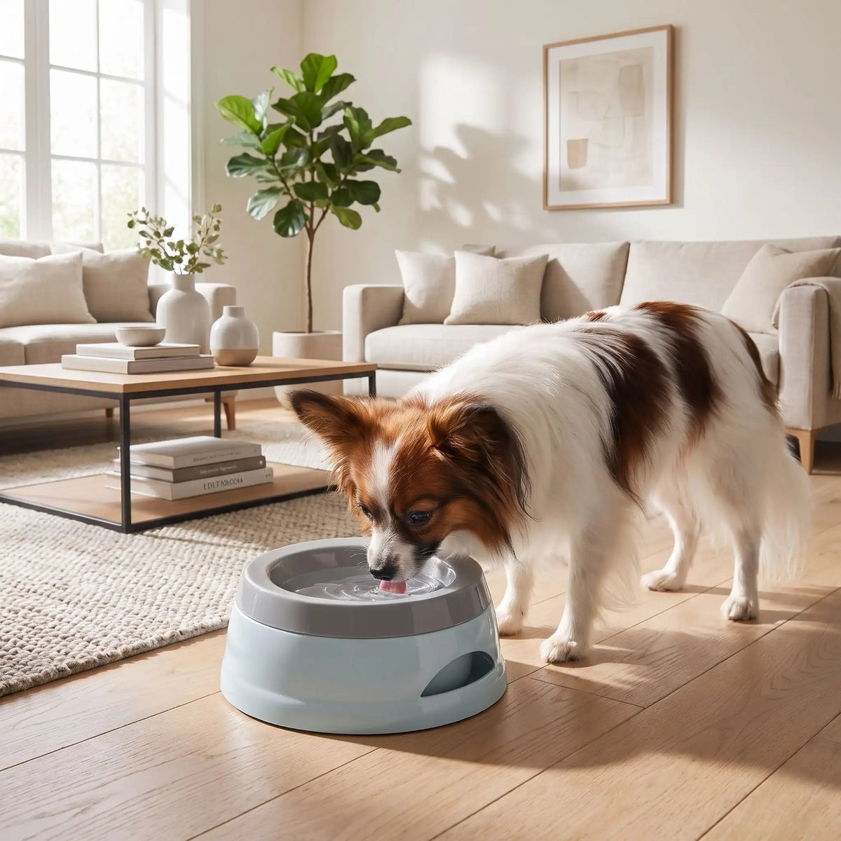 Gamelle-eau-chien et chiot anti-renversement, anti-éclaboussures, ABS sans BPA de qualité alimentaire, stable avec pieds antidérapants, démontable en 3 parties, gamelle, plateau flottant, socle supérieur, lavable au lave-vaisselle avec ses deux poignées de transport d'une contenance de 700 ml pour chien et chiot de petite à moyenne race - un chien de race toy qui boit proprement dans sa gamelle anti éclaboussures et anti renversement avec sa plaque flottante qui filtre l'eau sur le tapis qui reste sec 