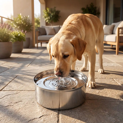 Gamelle-eau-chien-chiot anti-renversement, anti-éclaboussure en inox 304 de qualité alimentaire avec pieds antidérapants avec son plateau filtre anitbactéries, poussières, et poils, le tout 100% inox lavable au lave vaisselle, disponible en deux modèles : 1 litre et 3 litres pour chien de petite à grande taille-un chien race moyenne qui boit proprement l'eau fraiche et hygiénique de la gamelle 100% inox anti odeur et bactéries avec ses pieds anti-rayures sur la terrasse en dalle de la maison