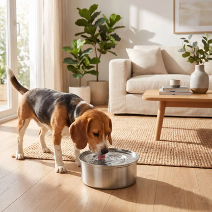 Gamelle-eau-chien-chiot anti-renversement, anti-éclaboussure en inox 304 de qualité alimentaire avec pieds antidérapants avec son plateau filtre anitbactéries, poussières, et poils, le tout 100% inox lavable au lave vaisselle, disponible en deux modèles : 1 litre et 3 litres pour chien de petite à grande taille-un chien de chasse de taille moyenne qui boit l'eau fraiche et hygiénique de la gamelle 100% inox anti odeur et bactéries avec ses pieds anti-rayures sur le sol en parquet du salon de l'appartement