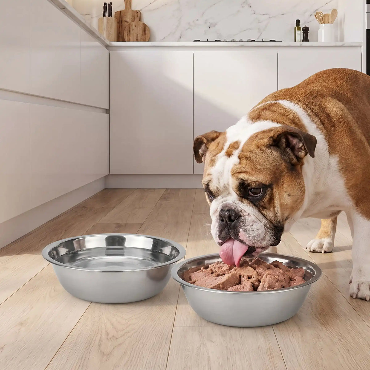 Gamelle-en-inox-pour-chien-3-tailles-lot-de-2, durable, hygiénique, indéformable, lavable en lave-vaisselle, compatible avec support gamelle, en 3 tailles avec diamètre 14/17/19 cm pour une contenance de 0,4/0,75/1,5 litres pour chiot et chien de petite à moyenne taille de 0 à 30 kg-un gros chien trapu de moyenne taille qui mange sa pâté dans la gamelle en inox hygiénique de qualité alimentaire et son autre gamelle inox remplie d'eau fraiche sur le sol de la cuisine de l'appartement