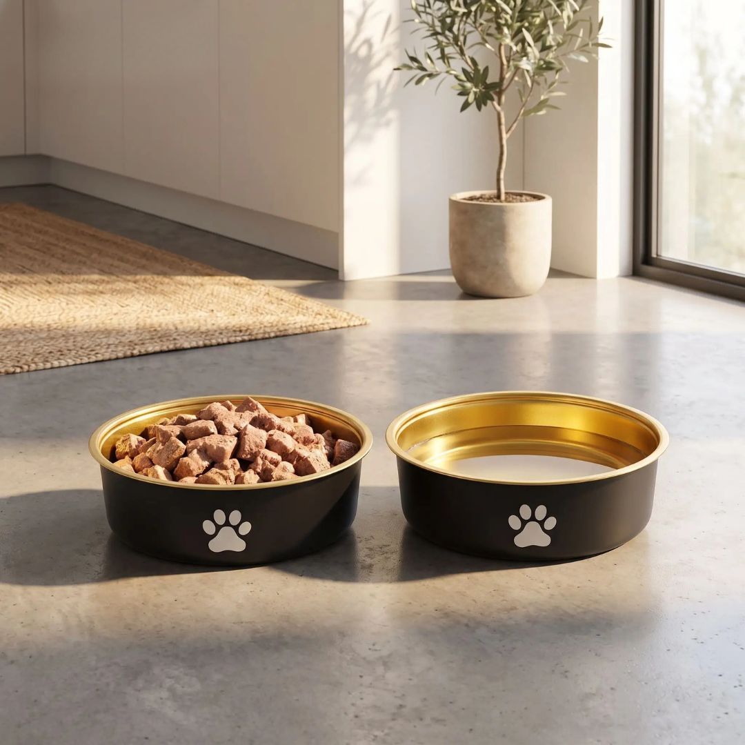 Gamelle-en-inox 304 robuste et indéformable pour chien et chiot design hygiénique, lavable en lave-vaisselle avec son fond antidérapant en silicone pour une stabilité à toute épreuve, anti renversement, anti éclaboussures, design noir avec une patte de chien blanche et intérieur chic de couleur or ou bronze, disponible en 3 tailles 250/500/1000 ml pour toute taille, race de chiot ou chien du petite, moyenne à grande-gros plan sur 2 gamelles design  noir et or avec une remplie d'eau et l'autre de nourriture 