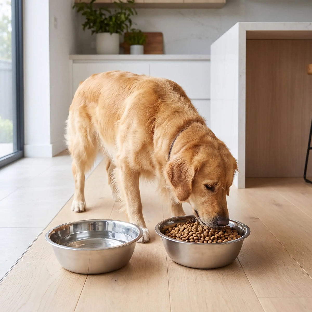 Gamelle-en-inox-pour-chien-3-tailles-lot-de-2, durable, hygiénique, indéformable, lavable en lave-vaisselle, compatible avec support gamelle, en 3 tailles avec diamètre 14/17/19 cm pour une contenance de 0,4/0,75/1,5 litres pour chiot et chien de petite à moyenne taille de 0 à 30 kg-un chien de moyenne race qui mange conofrtablement ses croquettes dans la gamelle en inox hygiénique de qualité alimentaire et son autre gamelle inox remplie d'eau fraiche sur le sol de la cuisine de l'appartement