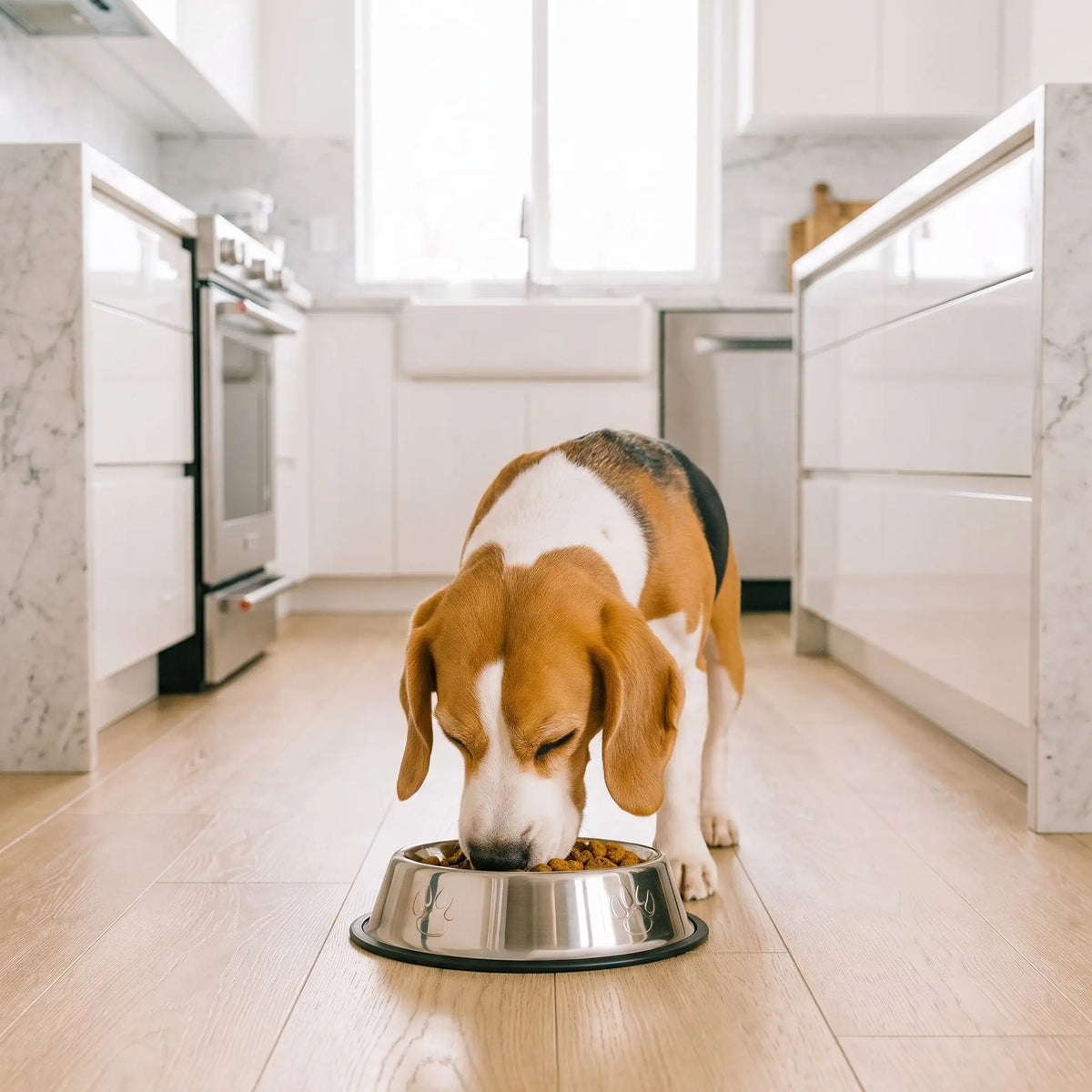 Gamelle-en-inox-pour-chien-chiot-lot-de-2-base amovible en silicone antidérapante et anti-renversement, hygiénique, ne retient pas les odeurs, lavable en lave-vaisselle, disponible en 3 tailles S/M/L pour chiot et chien de petite à moyenne race pour des rations de 200/250/330 grammes chacune selon les tailles-un chien moyen à longues oreilles pendantes qui mange confortablement et propremment dans sa gamelle en forme de volcan évasé avec son joint en silicone à la base antidérapante sur le parquet flottant
