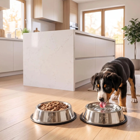 Gamelle-en-inox-pour-chien-chiot-lot-de-2-base amovible en silicone antidérapante et anti-renversement, hygiénique, ne retient pas les odeurs, lavable en lave-vaisselle, disponible en 3 tailles S/M/L pour chiot et chien de petite à moyenne race pour des rations de 200/250/330 grammes chacune selon les tailles-un chiot Bouvier d'Appenzell qui boit dans une des gamelles en lot de 2 avec la deuxième remplie de croquettes avec leur base antidérapante en silicone amovible sur le parquet de la cuisine