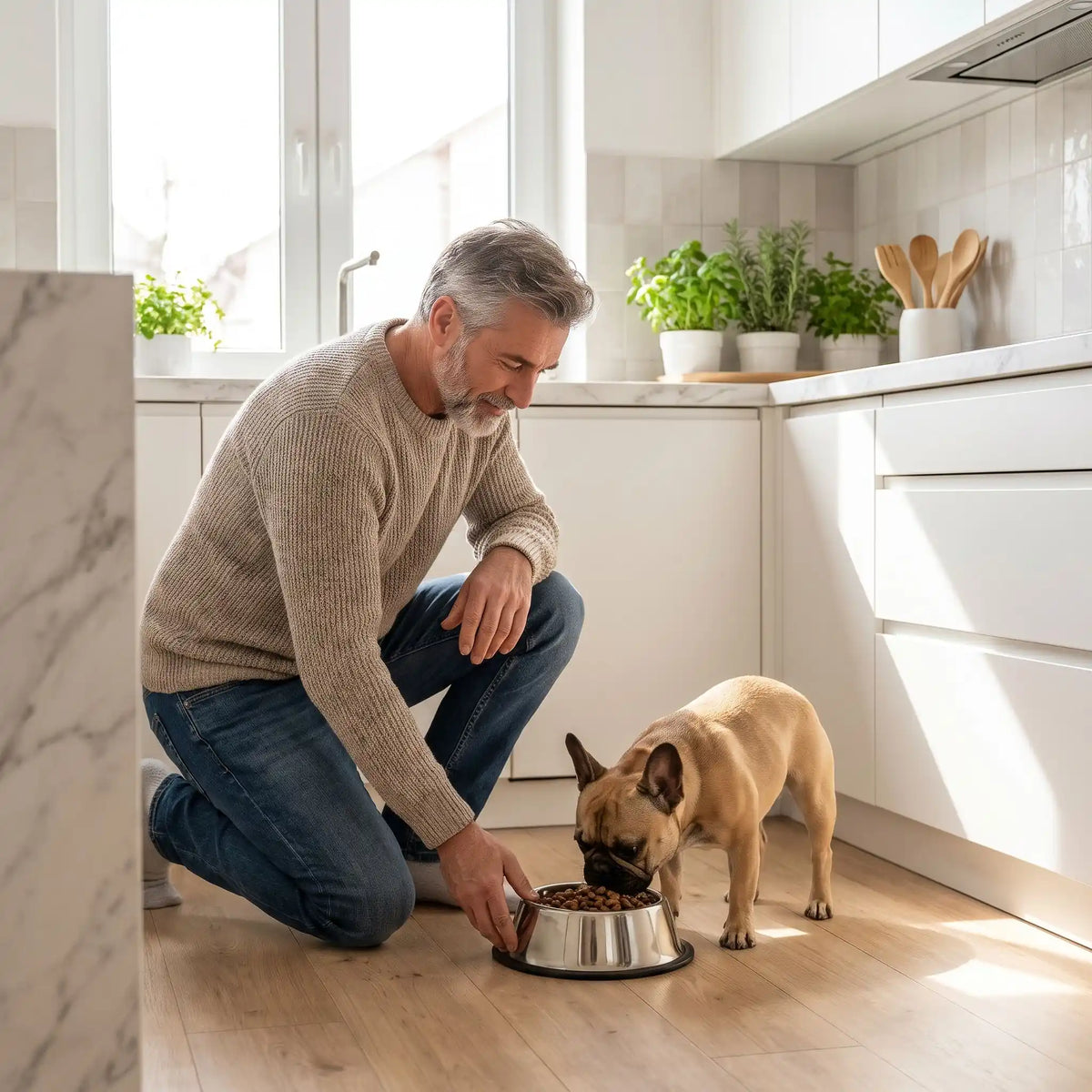 Gamelle-en-inox-pour-chien-chiot-lot-de-2-base amovible en silicone antidérapante et anti-renversement, hygiénique, ne retient pas les odeurs, lavable en lave-vaisselle, disponible en 3 tailles S/M/L pour chiot et chien de petite à moyenne race pour des rations de 200/250/330 grammes chacune selon les tailles-un Bouledogue français qui mange dans la gamelles en forme évasée anti-glissement vendue en lot de 2 avec sa base antidérapante en silicone amovible sur le parquet de la cuisine