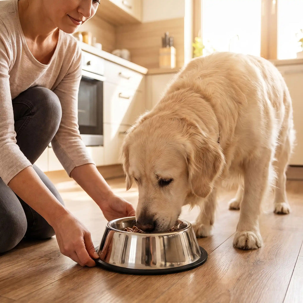 Gamelle-en-inox-pour-chien-chiot-lot-de-2-base amovible en silicone antidérapante et anti-renversement, hygiénique, ne retient pas les odeurs, lavable en lave-vaisselle, disponible en 3 tailles S/M/L pour chiot et chien de petite à moyenne race pour des rations de 200/250/330 grammes chacune selon les tailles-un chien de taille moyenne qui mange son repas posé par sa maitresse sur le sol en parquet en bois de la cuisine de la maison