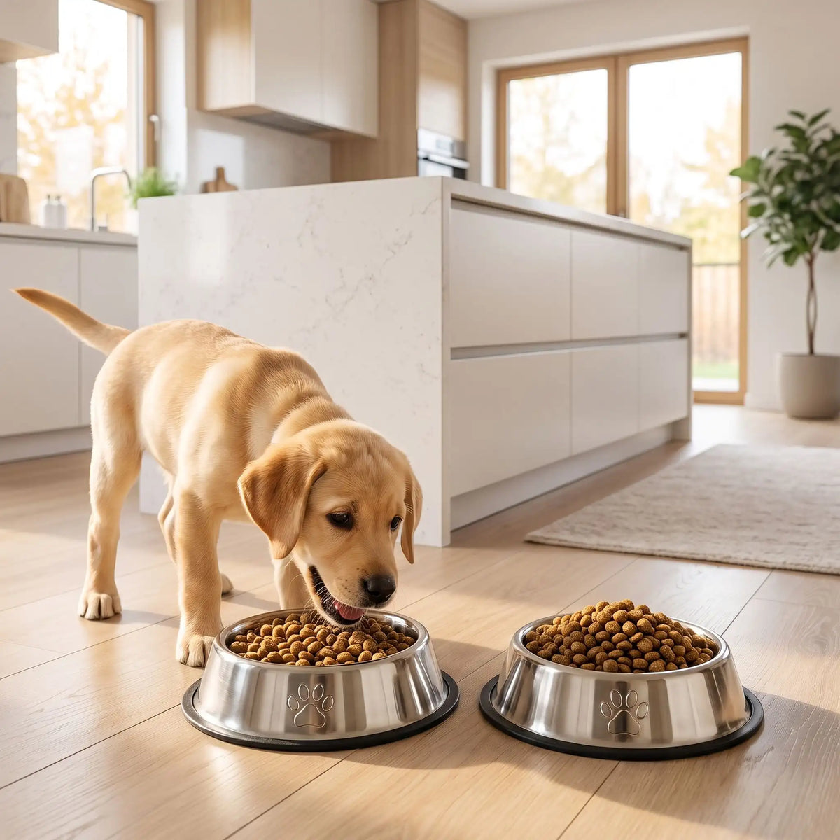 Gamelle-en-inox-pour-chien-chiot-lot-de-2-base amovible en silicone antidérapante et anti-renversement, hygiénique, ne retient pas les odeurs, lavable en lave-vaisselle, disponible en 3 tailles S/M/L pour chiot et chien de petite à moyenne race pour des rations de 200/250/330 grammes chacune selon les tailles-un chiot de race moyenne qui mange confortablement dans une des deux  gamelles remplie de croquettes avec leur base antidérapante en silicone amovible sur le parquet de la cuisine de l'appartement