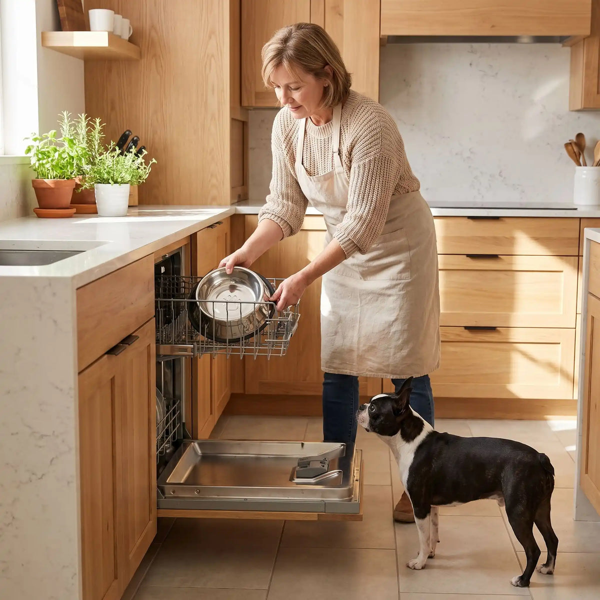 Gamelle-en-inox-pour-chien-chiot-lot-de-2-base amovible en silicone antidérapante et anti-renversement, hygiénique, ne retient pas les odeurs, lavable en lave-vaisselle, disponible en 3 tailles S/M/L pour chiot et chien de petite à moyenne race pour des rations de 200/250/330 grammes chacune selon les tailles-une maitresse qui met la gamelle en inox en forme évasée anti-glisse et anti-renversement avec son joint rond amovible antidérapant pour une stabilité sur tous type de sol; dans le lave vaisselle 