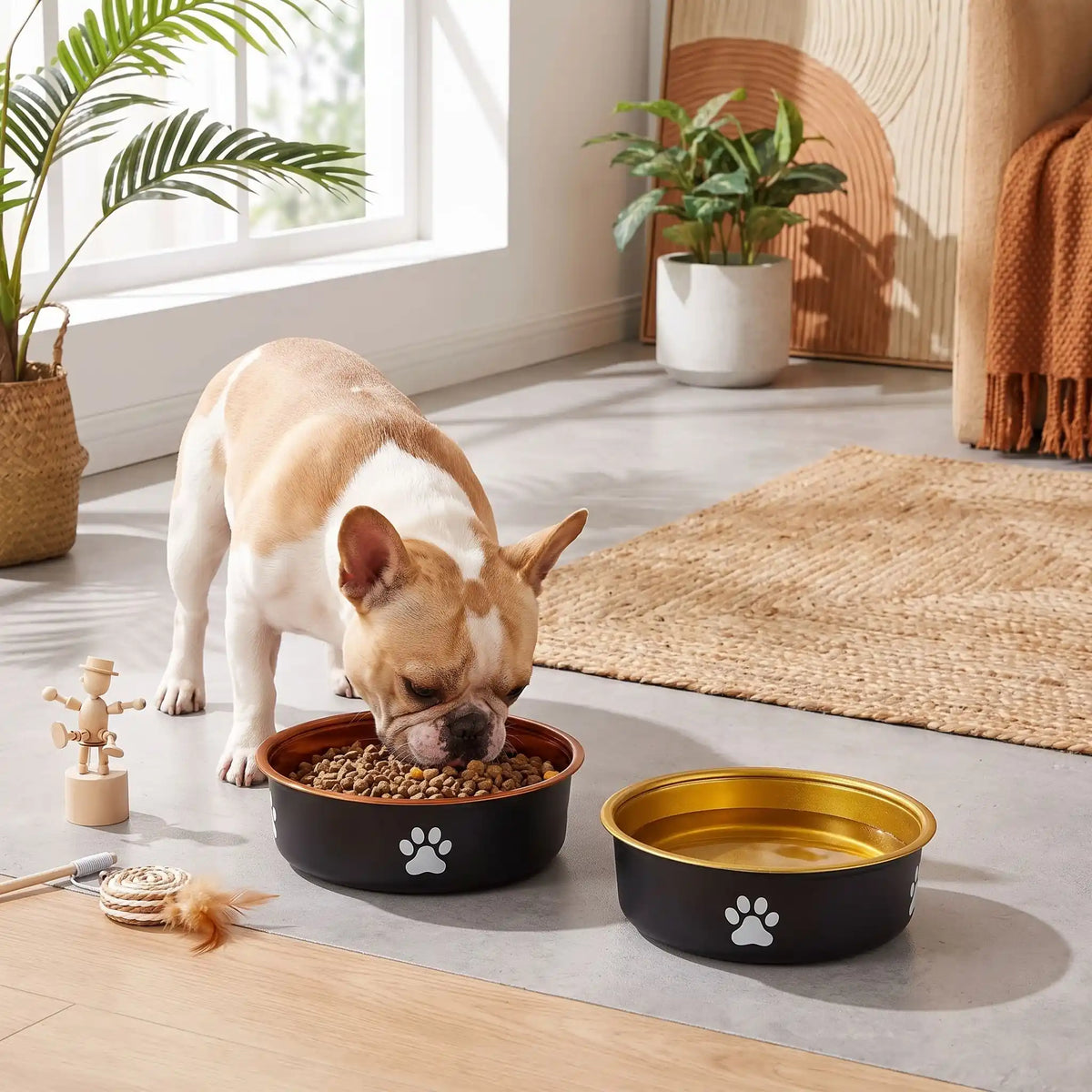 Gamelle-en-inox 304 robuste et indéformable pour chien et chiot design hygiénique, lavable en lave-vaisselle avec son fond antidérapant en silicone pour une stabilité à toute épreuve, anti renversement, anti éclaboussures, design noir avec une patte de chien blanche et intérieur chic de couleur or ou bronze, disponible en 3 tailles 250/500/1000 ml pour toute taille, race de chiot ou chien du petite, moyenne à grande-un chien moyen qui mange confortablement dans sa gamelle design le studio