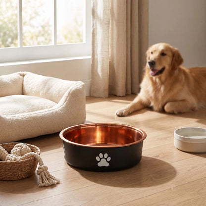 Gamelle-en-inox 304 robuste et indéformable pour chien et chiot design hygiénique, lavable en lave-vaisselle avec son fond antidérapant en silicone pour une stabilité à toute épreuve, anti renversement, anti éclaboussures, design noir avec une patte de chien blanche et intérieur chic de couleur or ou bronze, disponible en 3 tailles 250/500/1000 ml pour toute taille, race de chiot ou chien du petite, moyenne à grande-gros plan de la gamelle en inox design noir et bronze robuste en 1 litre sur le sol du salon