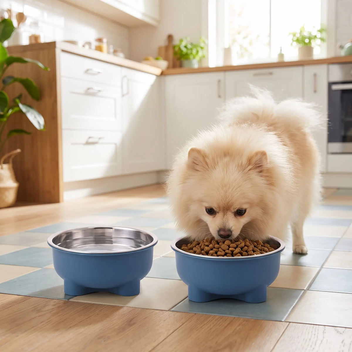 Gamelle-en-inox-pour-chien-petite-taille-surélevée sur pieds antidérapant avec gamelle en inox lavable en lave-vaisselle amovible et son support PP sans BPA avec une capacité de 500 ml pour chiot et chien de petite à moyenne taille, disponible en 4 coloris  jaune, vert, bleu et rouge-un chien de petite taille qui mange confortablement ses croquettes dans sa gamelle en inox dans son support design surélevée de couleur bleue sur le sol en parquet de la cuisine de la maison