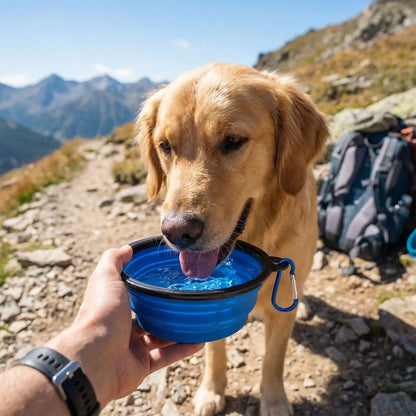 Gamelle-pliable-chien-compacte avec mousqueton, vendues par lot de deux, robuste et solide et lavable en lave-vaisselle, disponible en 3 modèles : 350ml, 1L, 1,5L pour chien de toutes tailles, pour utilisation en voyage, à l'extrieur, en sortie, en promenade pour croquette, nourriture ou eau- un golden retriever qui boit dans la gamelle d'eau tenu par son propriétaire alors qu'ils font une halte dans leur randonnée à la montagne