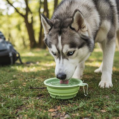 Gamelle-pliable-chien-chiot-lot-de-2-en silicone alimentaire, garanti sans produits chimiques, lavable en lave-vaisselle, robuste et compact comme un CD avec son mousqueton pour l'accrocher n'importe où, léger avec ses 80g, disponible en 2 tailles 350ml et 1000 ml pour toutes races de chien et trois couleur : rose, bleu et vert-un grand chien qui boit dans la gamelle de 1 litre ee couleur verte dans la forêt pendant la promenade