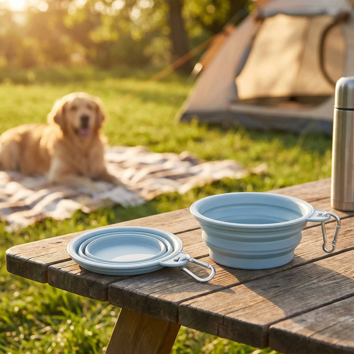 Gamelle-pliable-chien-chiot-lot-de-2-en silicone alimentaire, garanti sans produits chimiques, lavable en lave-vaisselle, robuste et compact comme un CD avec son mousqueton pour l'accrocher n'importe où, léger avec ses 80g, disponible en 2 tailles 350ml et 1000 ml pour toutes races de chien et trois couleur : rose, bleu et vert-gros plan sur les deux gamelles pliable avec mousqueton, avec une déplié et une pliée pour voir combien elle est compacte avec un grand chien allongé sur l'herbe en arrière plan 