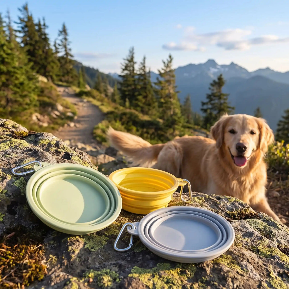 Gamelle-pliable-chien-chiot-lot-de-2-en silicone alimentaire, garanti sans produits chimiques, lavable en lave-vaisselle, robuste et compact comme un CD avec son mousqueton pour l'accrocher n'importe où, léger avec ses 80g, disponible en 2 tailles 350ml et 1000 ml pour toutes races de chien et trois couleur : rose, bleu et vert-gros plan sur les gamelles pliées posées sur un rocher sur la montagne avec un chien heureux et désaltérer an arriere plan