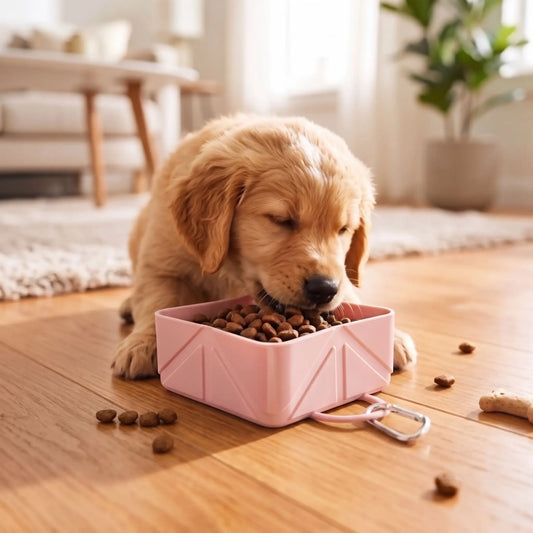 Gamelle-pliable-pour-chien-lot-de-2-avec-mousqueton en silicone alimentaire, ultra-compacte, ultra-légère, antidérapante, lavable, robuste d'une contenance de 500 ml par gamelle, soit 1 litres avec le lot de deux gamelles pour chiot et chien de petite à moyenne taille-un chiot qui mange confortablement dans sa gamelle dépliée en silicone alimentaire de forme carrée de couleur rose sur le sol de la location de vacances