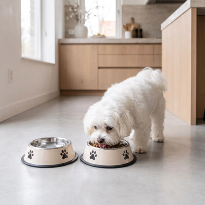 Gamelle-pour-chien-anti-renversement avec base élargie et anneau en silicone amovible, inox robuste et indéformable, hygiénique, lavable en lave-vaisselle pour une stabilité à toute épreuve, anti renversement, design avec pattes de chien, en blanc ou gris disponible en 4 tailles 300/700/1000/1200 ml pour race de chiot ou chien de petite, moyenne, grande taille-un petit chien qui mange confortablement dans sa gamelle inox hygiénique avec son fond 100% antidérapant sur le sol de la cuisine de la maison