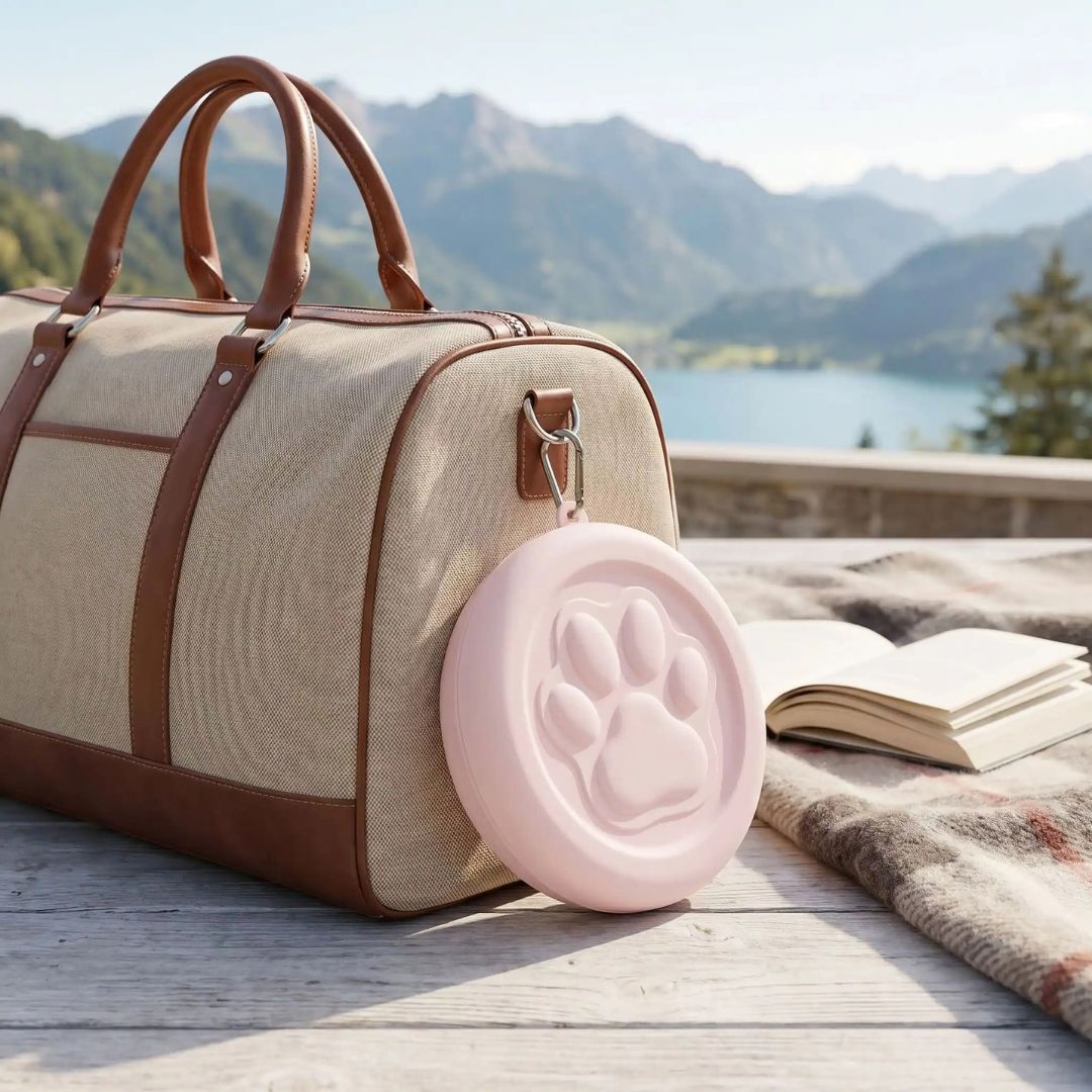 Gamelle-pour-chien-de-voyage-chiot-hermétique-14-cm, compact avec mousqueton pour l'attacher partout pour un encombrement minimum, conçu en plastique robuste de qualité alimentaire, couvercle avec système hermétique pour les croquette et anti fuite, disponible en 3 coloris adapté au chiot et chien de petite race, design avec sa patte de chien en relief, lavable au lave vaisselle-gros plan sur la gamelle refermable pour chien de couleur rose design avec son mousqueton solide attaché au sac de voyage 
