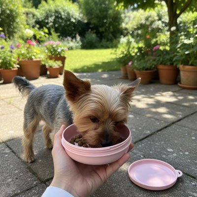 Gamelle-pour-chien-de-voyage-chiot-hermetique-14-cm, compact avec mousqueton pour l'attacher partout pour un encombrement minimum, conçu en plastique robuste de qualité alimentaire, couvercle avec système hermétique pour les croquette et anti fuite, disponible en 3 coloris adapté au chiot et chien de petite race, design avec sa patte de chien en relief, lavable au lave vaisselle- un chien de petite race qui mange ses croquette dans la gamelle ouverte tenu par sa maitresse dans le jardin