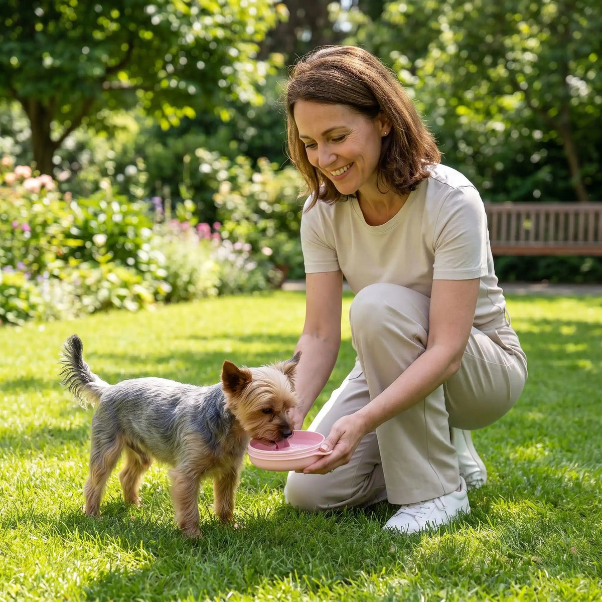 Gamelle-pour-chien-de-voyage-chiot-hermétique-14-cm, compact avec mousqueton pour l'attacher partout pour un encombrement minimum, conçu en plastique robuste de qualité alimentaire, couvercle avec système hermétique pour les croquette et anti fuite, disponible en 3 coloris adapté au chiot et chien de petite race, design avec sa patte de chien en relief, lavable au lave vaisselle- un chien de petite race qui boit de l'eau dans la gamelle ouverte tenu par sa maitresse dans le parc