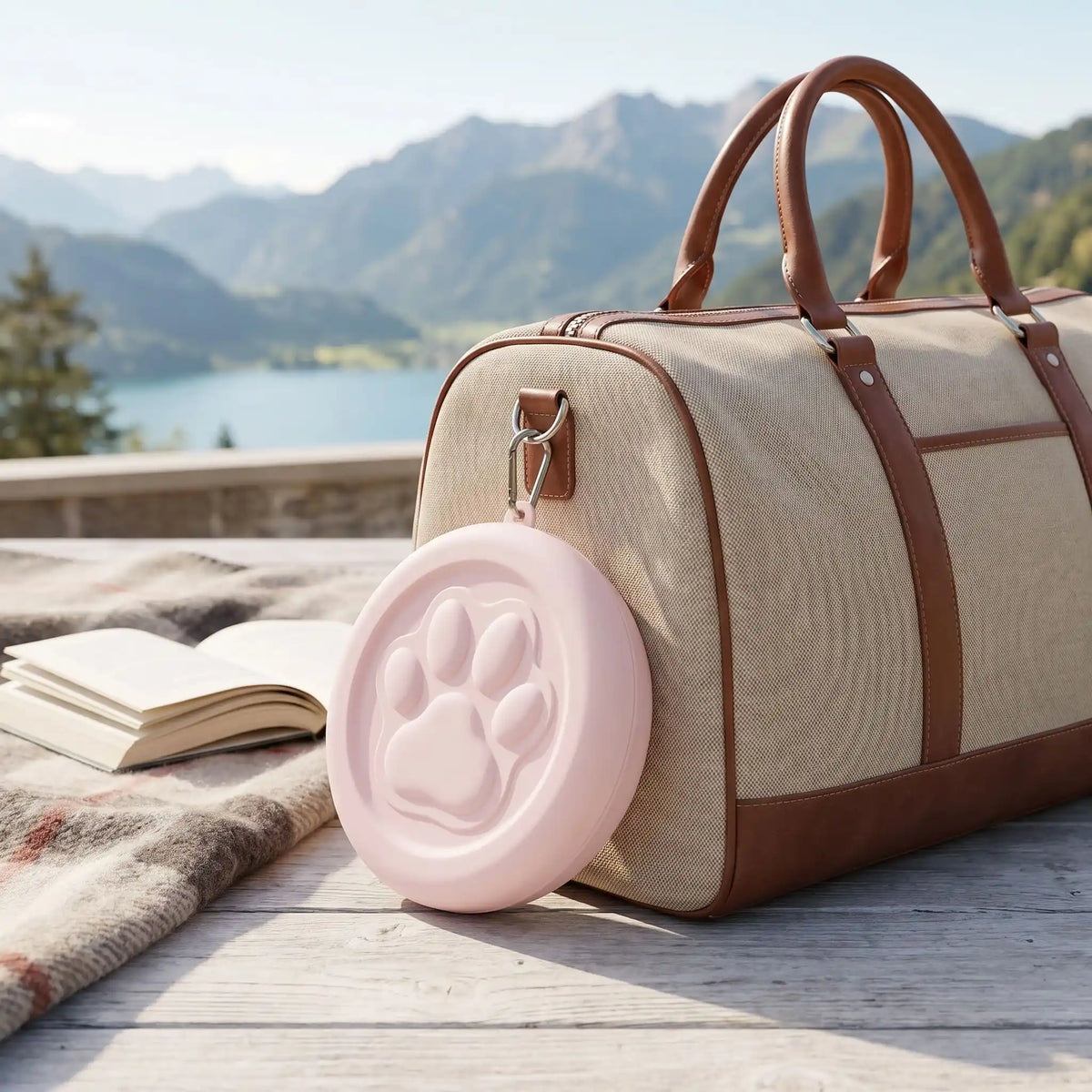 Gamelle-pour-chien-de-voyage-chiot-hermetique-14-cm, compact avec mousqueton pour l'attacher partout pour un encombrement minimum, conçu en plastique robuste de qualité alimentaire, couvercle avec système hermétique pour les croquette et anti fuite, disponible en 3 coloris adapté au chiot et chien de petite race, design avec sa patte de chien en relief, lavable au lave vaisselle-gros plan sur la gamelle refermable pour chien de couleur rose avec son mousqueton solide attaché au sac de voyage en montagne