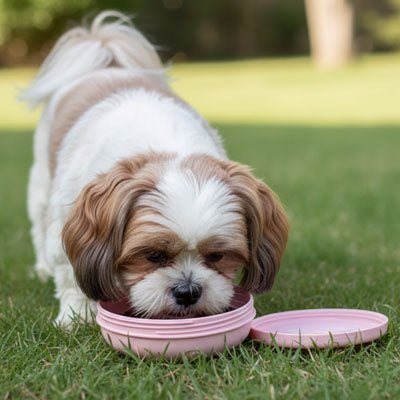 Gamelle-pour-chien-de-voyage-chiot-hermetique-14-cm, compact avec mousqueton pour l'attacher partout pour un encombrement minimum, conçu en plastique robuste de qualité alimentaire, couvercle avec système hermétique pour les croquette et anti fuite, disponible en 3 coloris adapté au chiot et chien de petite race, design avec sa patte de chien en relief, lavable au lave vaisselle-un chien de petite race qui boit et se désaltère après la balade dans sa gamelle de voyage sur l'herbe du parc 